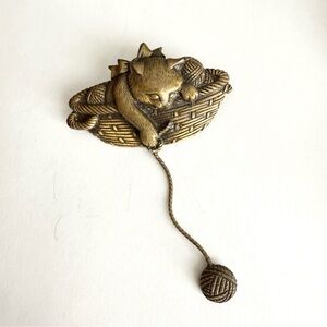 Vintage JJ Jonette Jewelry Pin Cat in Basket Playing With Yarn Cat Lover Gift